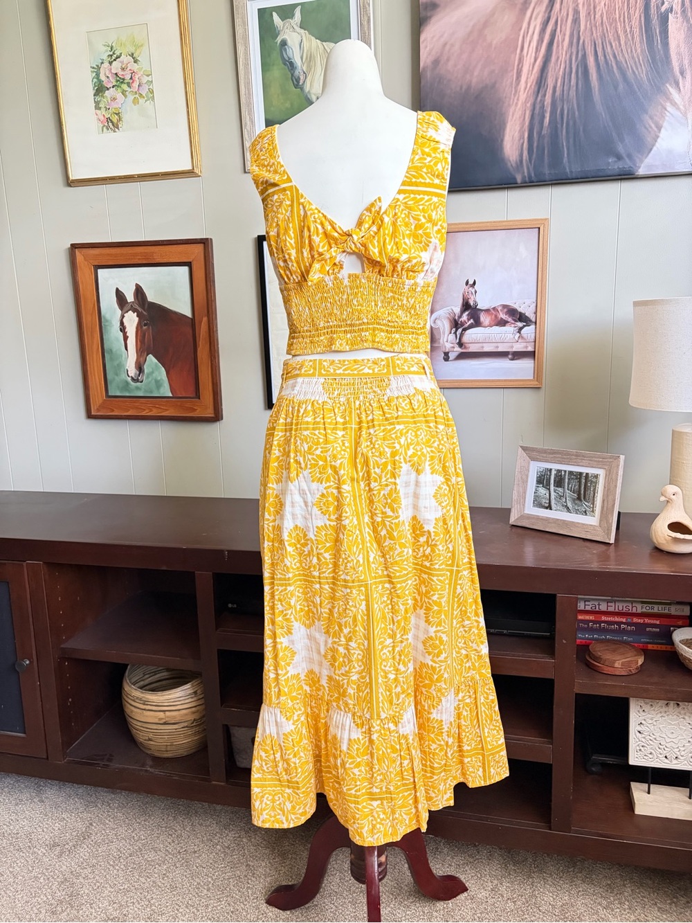 NWT Du Paradus Yellow Floral Tie-Back Smocked Midi Dress Set